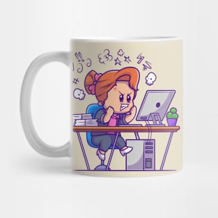 Angry Girl Working On Computer Cartoon Mug